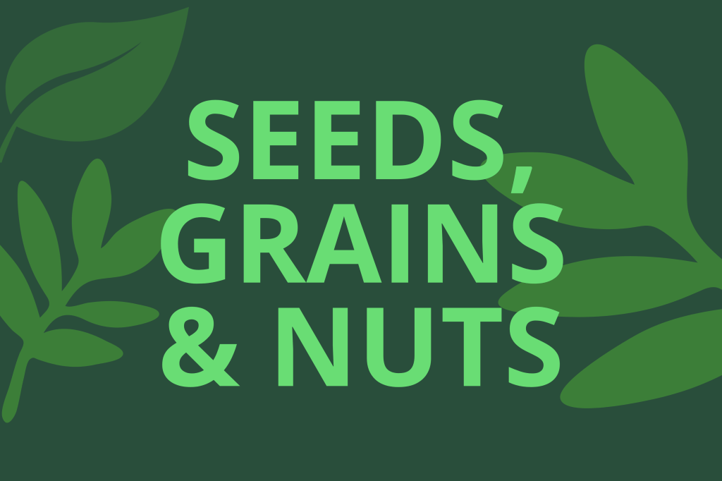 Seeds, Grains & Nuts: green botanical illustration for the Native Food Forest planting zone.